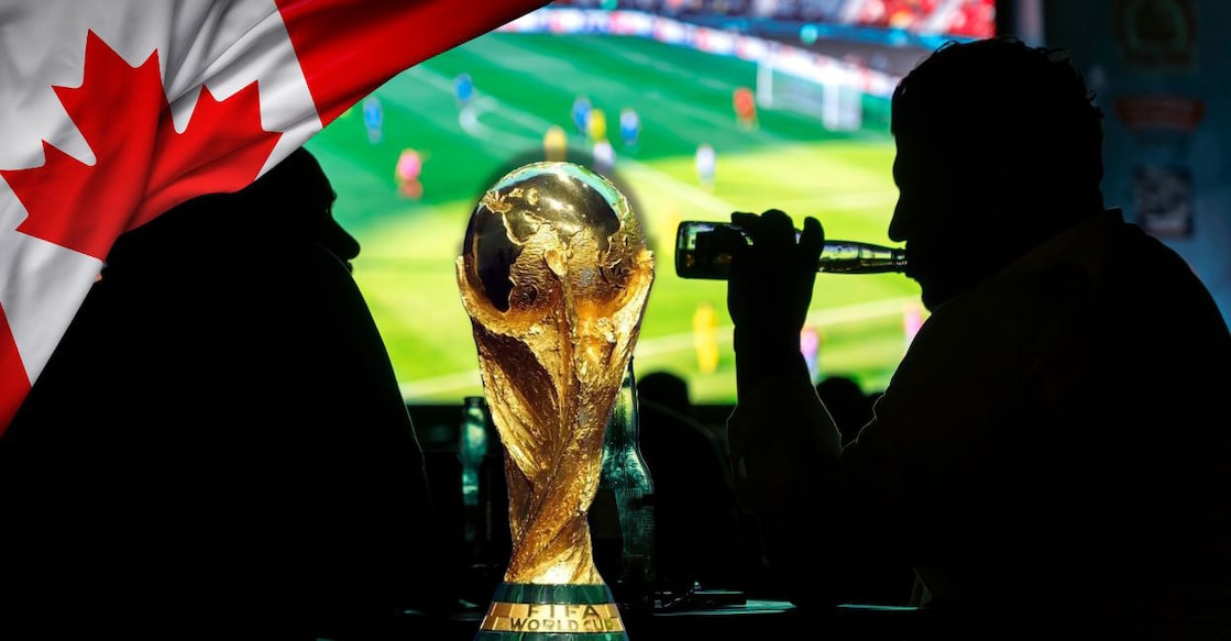 A graphic used for representational purpose, showing football fans drinking in a pub, with a FIFA World Cup trophy in the foreground and a flag of Canada on the side. 