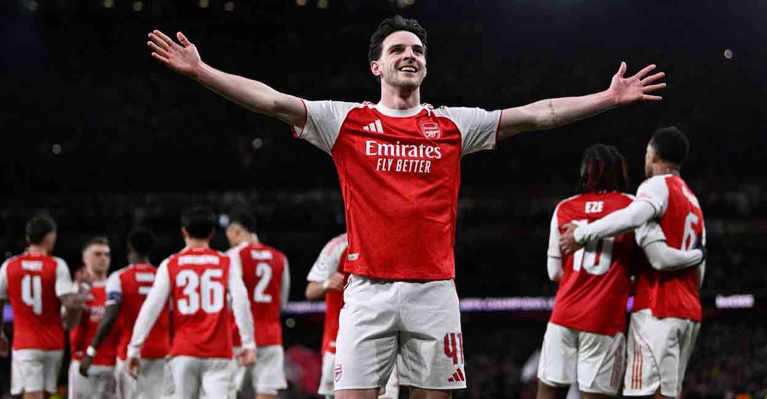 Arsenal's Declan Rice celebrates scoring their second goal. Photo: REUTERS/Tony O Brien