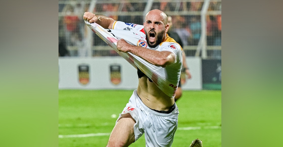 Mohammed Rashid celebrates after scoring East Bengal's winning goal in the match against Inter Kashi. Photo: X/@IndSuperLeague