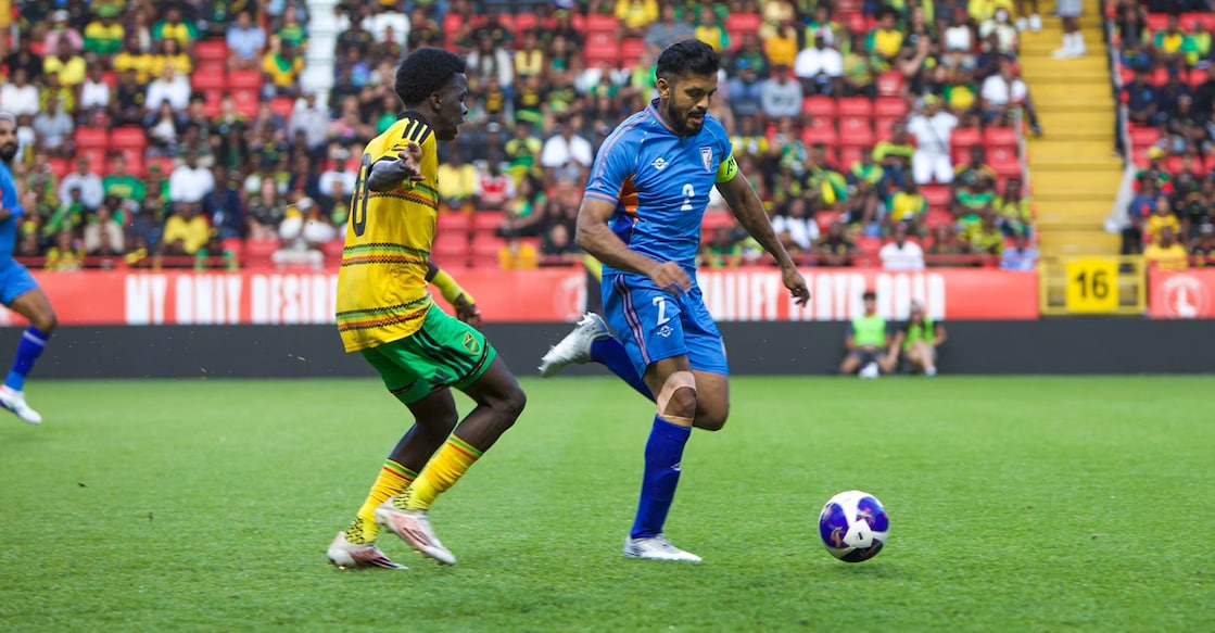 India's Rahul Bheke (R) during the Unity Cup match against Jamaica. Photo: AIFF