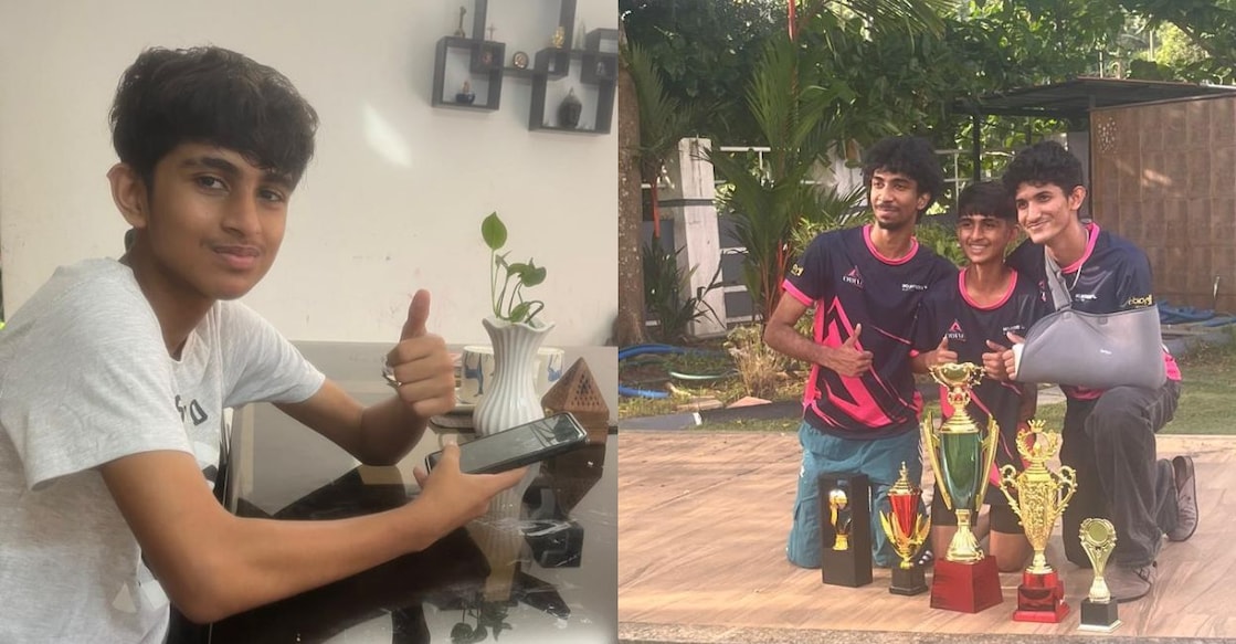 Aryan Ajith (L) and Aryan posing with his friends in front of the trophies. Photo: Special arrangement