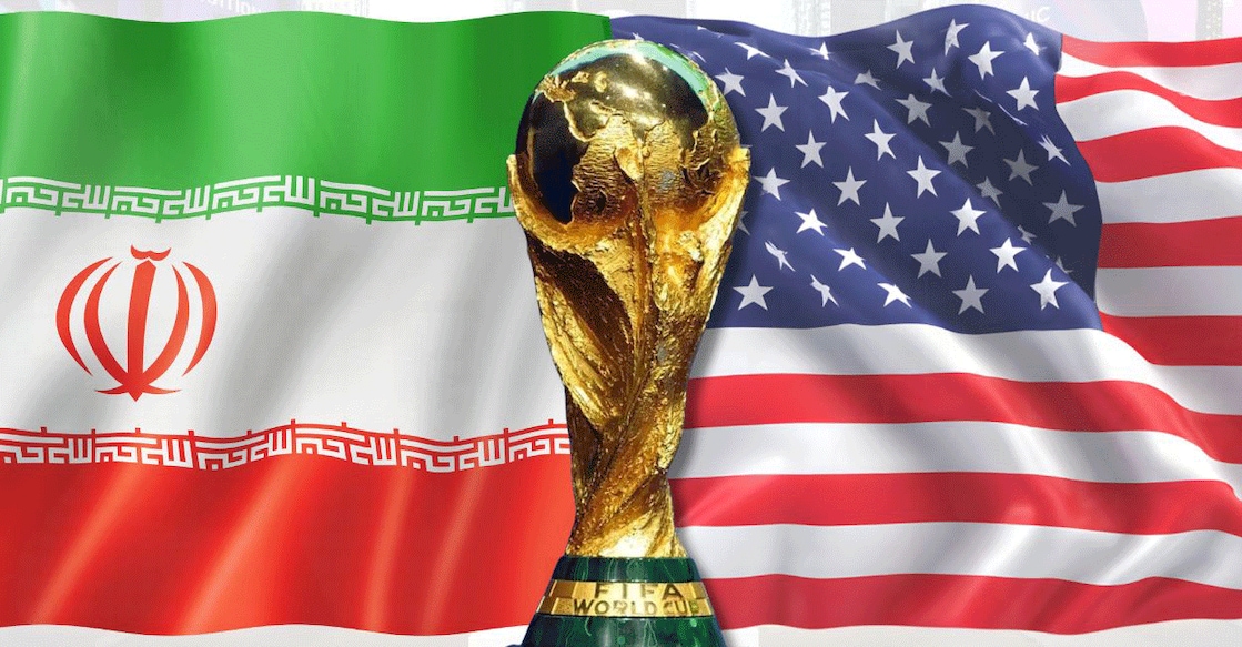 A graphic, for representational purpose, showing the FIFA World Cup trophy and the flags of Iran and the United States in the background.
