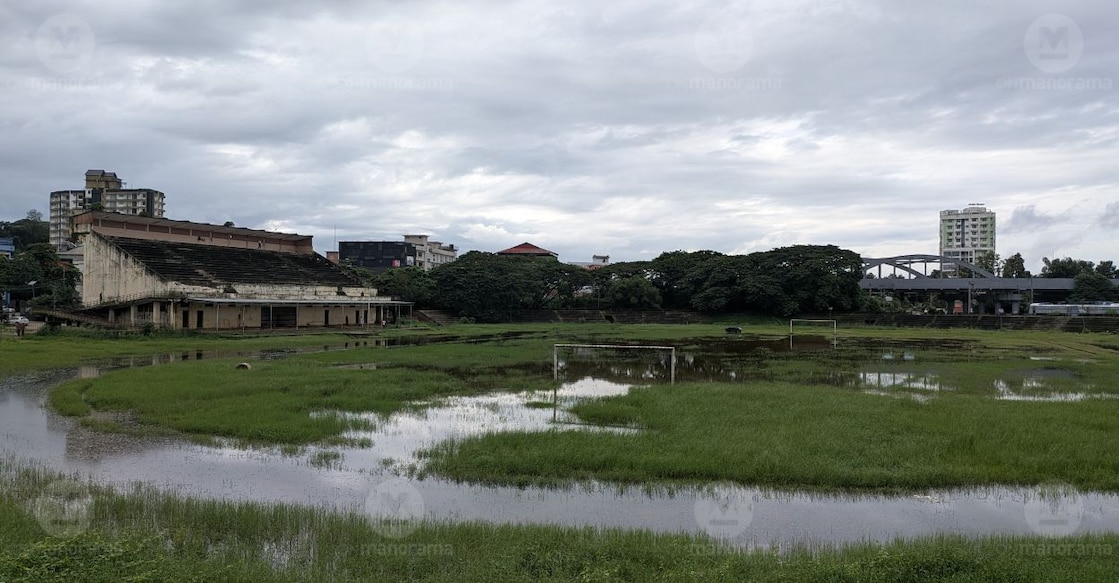The inside view of the Kottayam Jawaharlal Nehru Stadium ground, which is waterlogged after the rains. Photo: Onmanorama