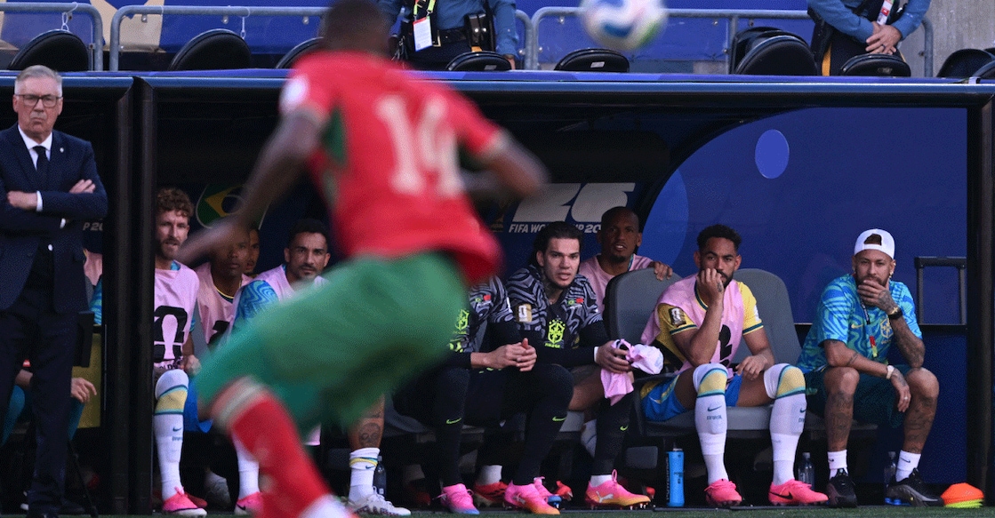 Brazil's forward Neymar (right) watches from the dugout during his team's FIFA World Cup Group C match against Morocco at the New York/New Jersey Stadium in East Rutherford on June 14, 2026. Photo: AFP/ Jewel Samad