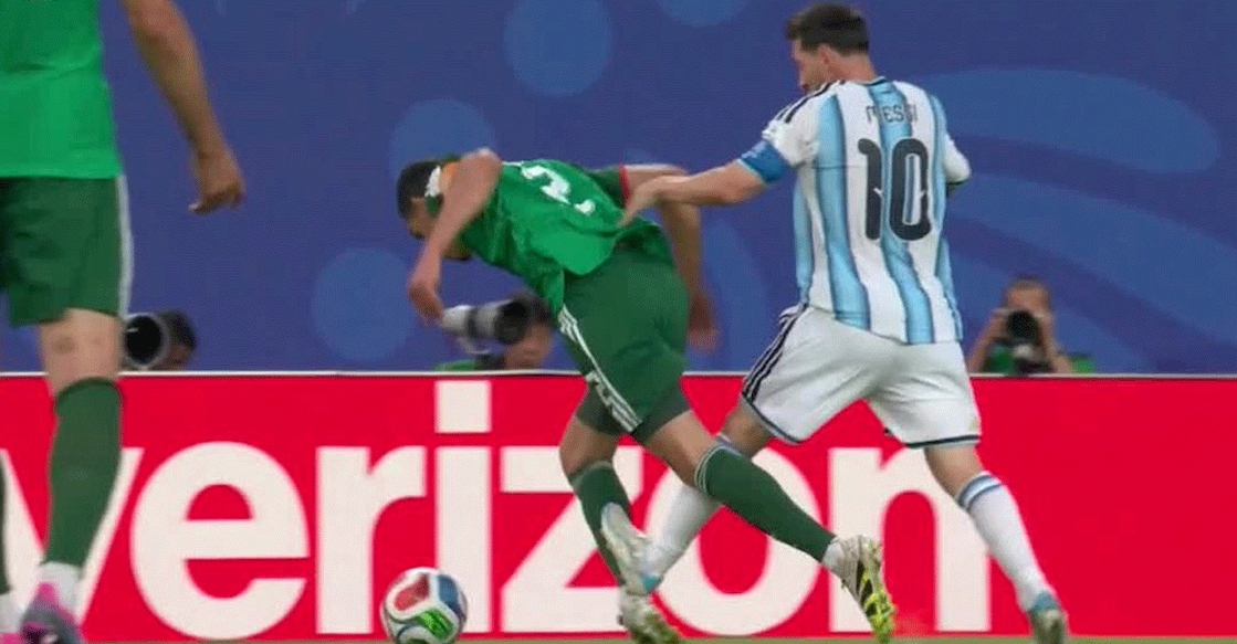 A screengrab from a FIFA World Cup 2026 match showing Argentina superstar Lionel Messi’s studs-up challenge on Aissa Mandi of Algeria.