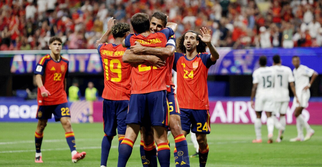 Spain players celebrate their third goal against Saudi Arabia in a FIFA World Cup Group H match in Atlanta on June 21, 2026. Photo: Reuters/Claudia Greco