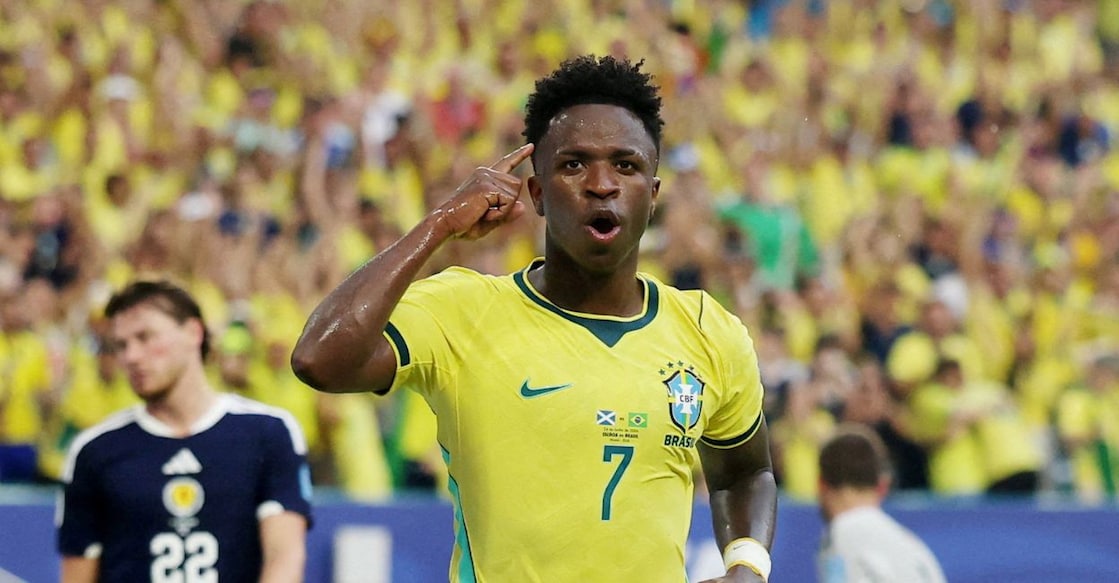 Brazil's Vinicius Junior celebrates scoring their second goal. Photo: REUTERS/Paul Childs