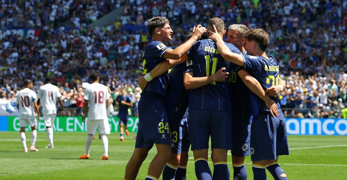 Bosnia and Herzegovina's Edin Dzeko and teammates celebrate their second goal, an own goal scored by Qatar's Sultan Albrake. Photo: REUTERS/Carlos Barria