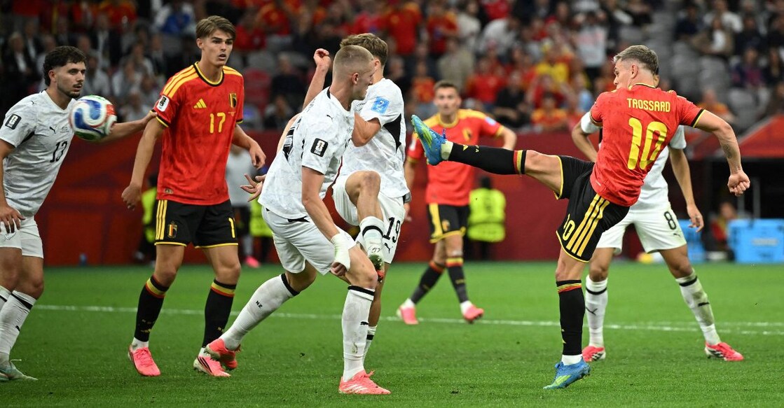 Belgium's Leandro Trossard scores their second goal. Photo: IMAGN IMAGES via Reuters/Anne-Marie Sorvin