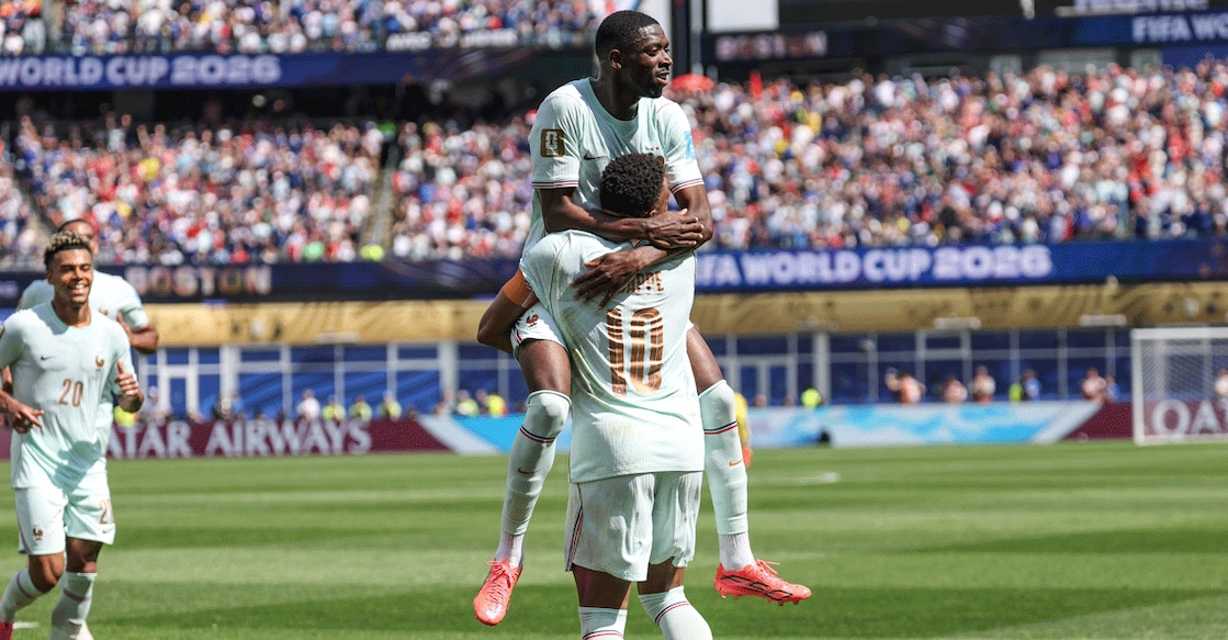 France's forward Ousmane Dembele celebrates scoring his team's third goal with captain Kylian Mbappe during the 2026 World Cup Group I match against Norway at the Boston Stadium in Foxborough on June 26, 2026. Photo: AFP/ Franck Fife 