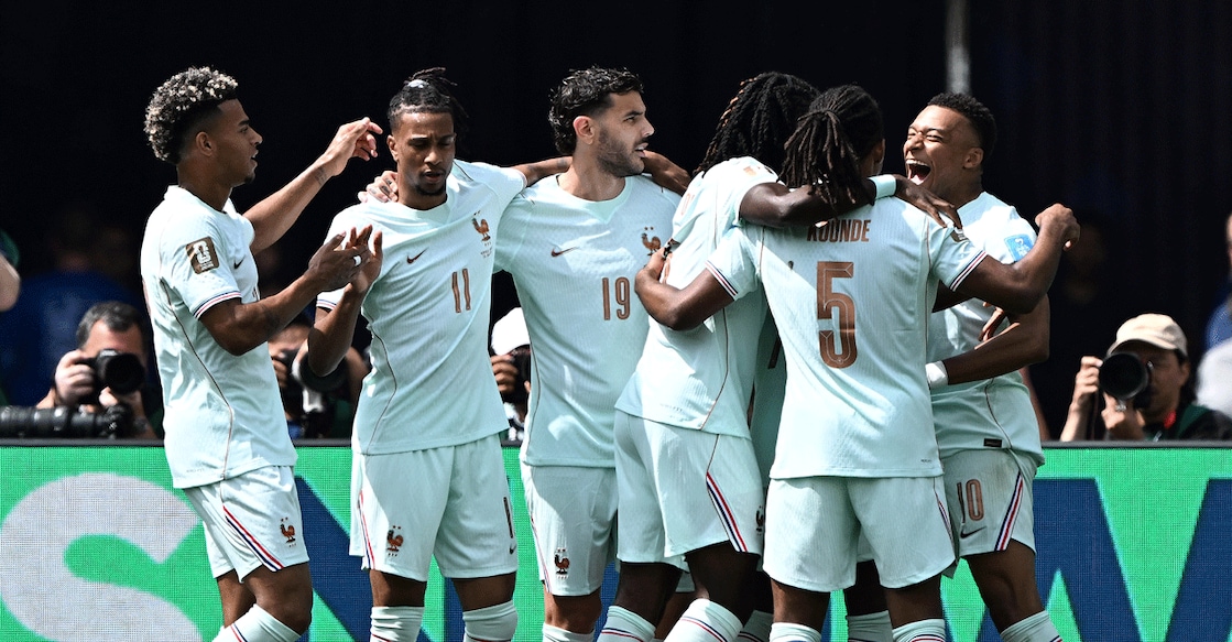 French players celebrate their first goal against Norway in Group I of the FIFA World Cup at the Boston Stadium in Foxborough on June 26, 2026. Photo: AFP/ Jewel Samad