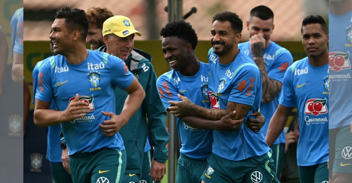 Brazil's midfielder Casemiro (left), head coach Carlo Ancelotti and others take part in a training session at the Granja Comary training center in Teresopolis, Rio de Janeiro, Brazil, on May 30, 2026. Photo: AFP/ Mauro Pimentel 
