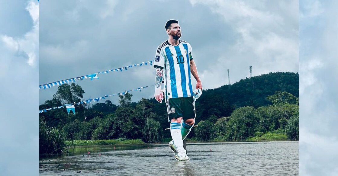The giant cutout of Messi erected over Kulamavu Dam. Photo: Special arrangement