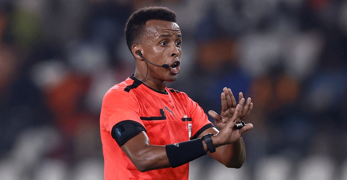 In this file photo from January 23, 2024, Somalian referee Omar Abdulkadir Artan gestures during the Africa Cup of Nations (CAN) 2024 group D match between Mauritania and Algeria at Stade de la Paix in Bouake, Ivory Coast. File photo: AFP/ Kenzo Tribouillard
