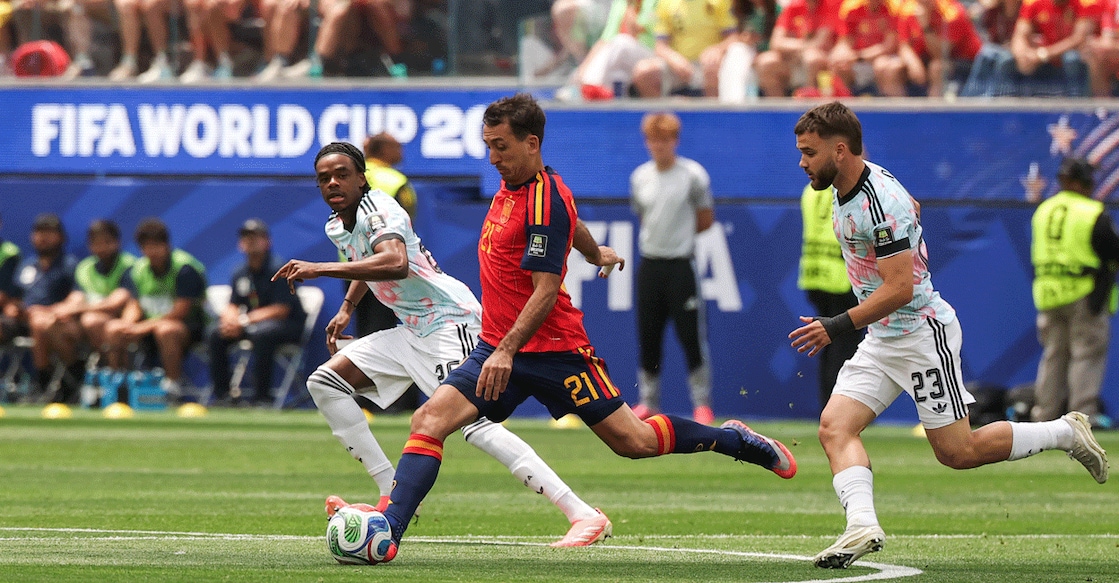 Spain's forward Mikel Oyarzabal runs with the ball against Belgium during the 2026 World Cup quarterfinal at the Los Angeles Stadium in Inglewood on July 10, 2026. Photo: AFP/ Etienne Laurent 