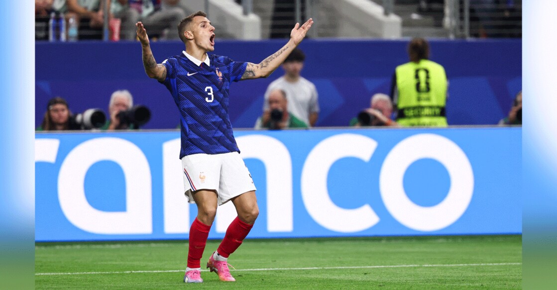 France's defender Lucas Digne reacts after committing a foul during the FIFA World Cup 2026 semifinal against Sain at the Dallas Stadium in Arlington on July 14, 2026. Photo: AFP/ Franck Fife