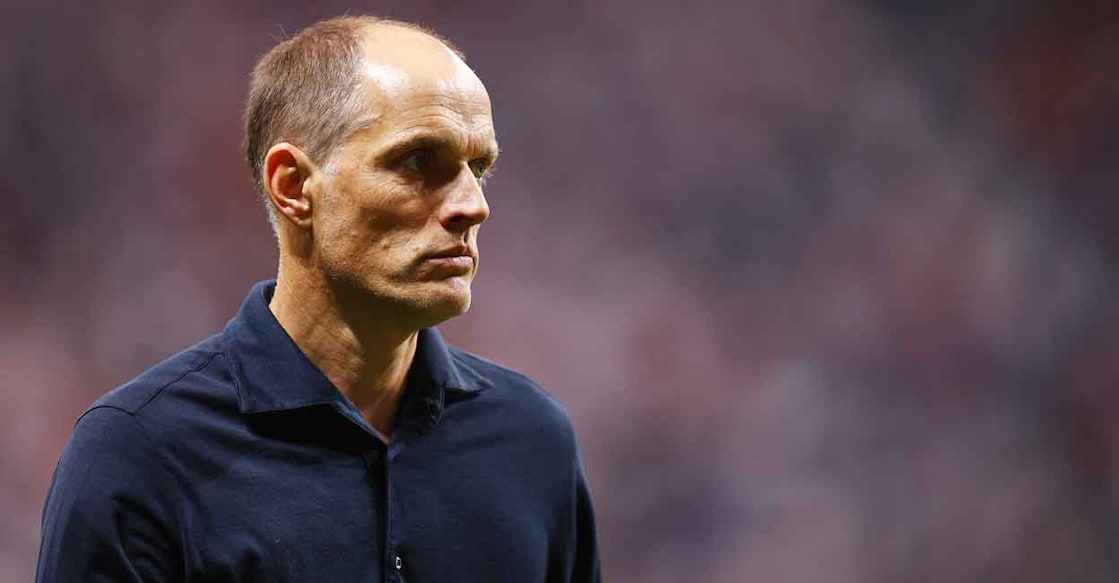 England manager Thomas Tuchel reacts as he walks off the pitch after the first half. Photo: REUTERS/Agustin Marcarian