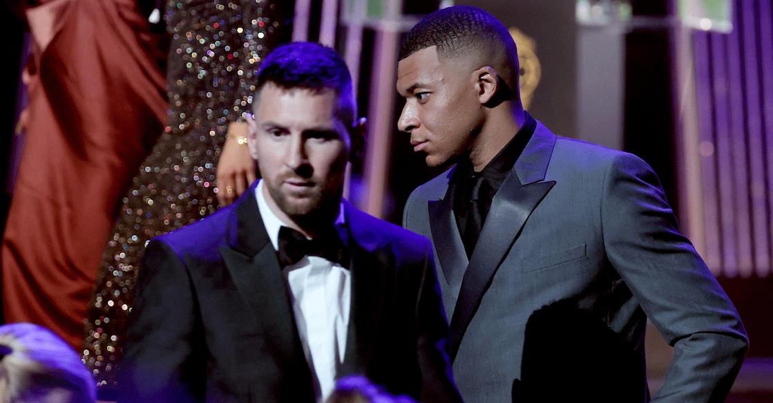 In this file photo from 2023, Lionel Messi poses alongside Kylian Mbappe at the Ballon d'Or award ceremony at the Theatre du Chatelet in Paris. File photo: AFP/ Franck Fife 