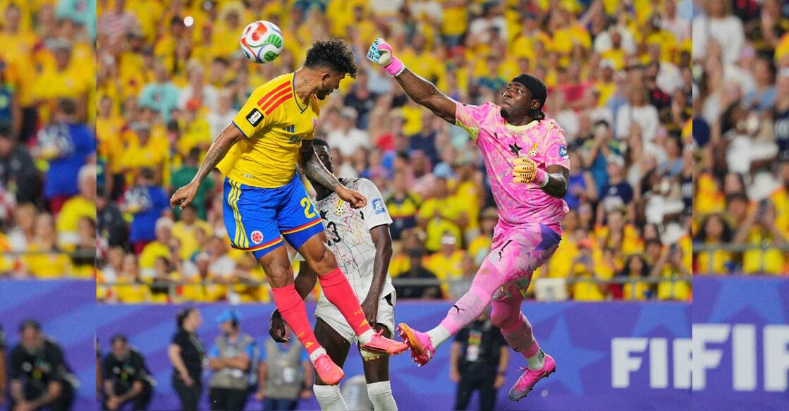 Ghana goalkeeper Lawrence Ati Zigi in action with Colombia's Luis Suarez. Photo: Reuters