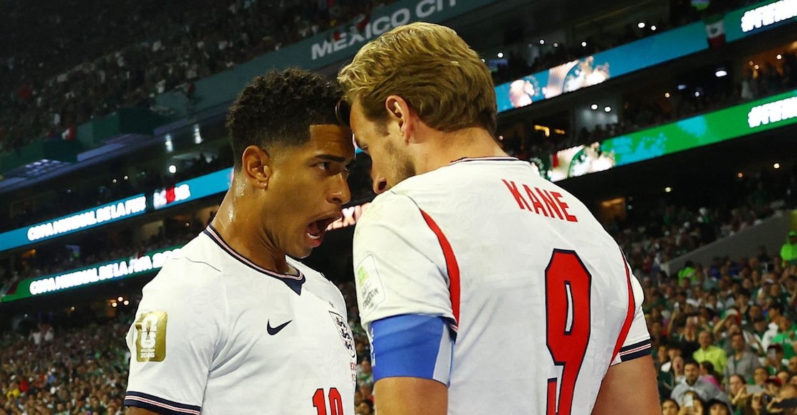 England's Harry Kane celebrates scoring their third goal with Jude Bellingham. Photo: Reuters