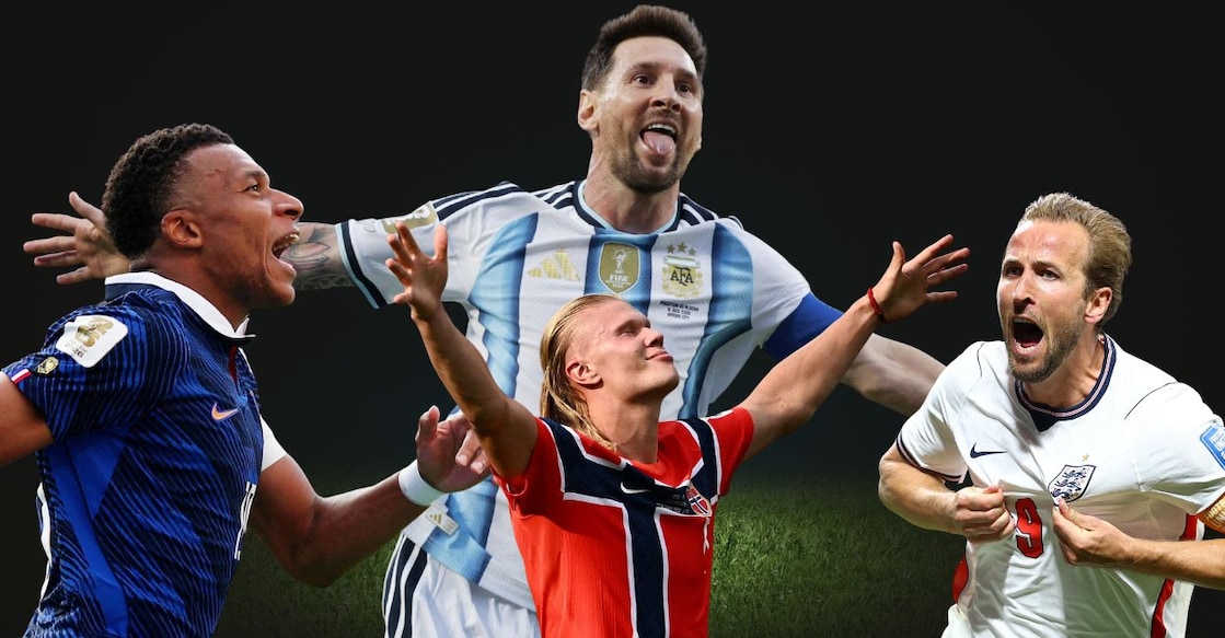Kylian Mbappe, Lionel Messi, Erling Haaland and Harry Kane. Photo: Canva