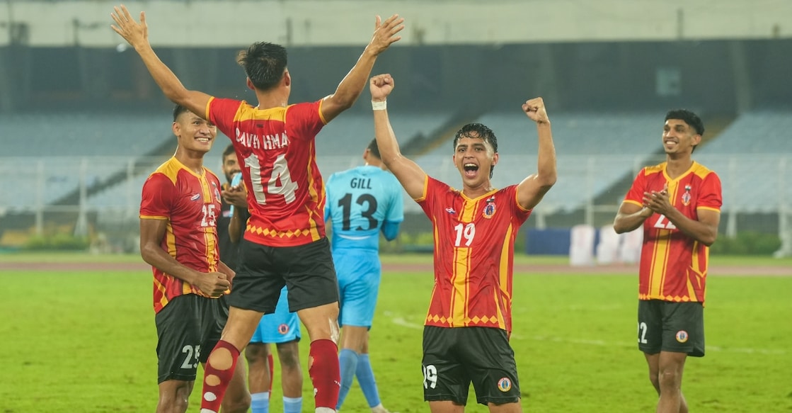 East Bengal players celebrate after their win against Kuwait's Al Arabi SC. Photo: PTI
