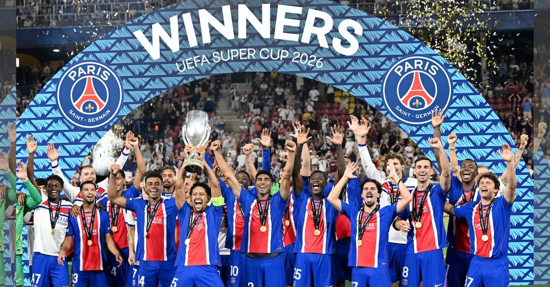 Paris Saint-Germain's Marquinhos lifts the trophy with teammates after winning the UEFA Super Cup. Photo: Reuters