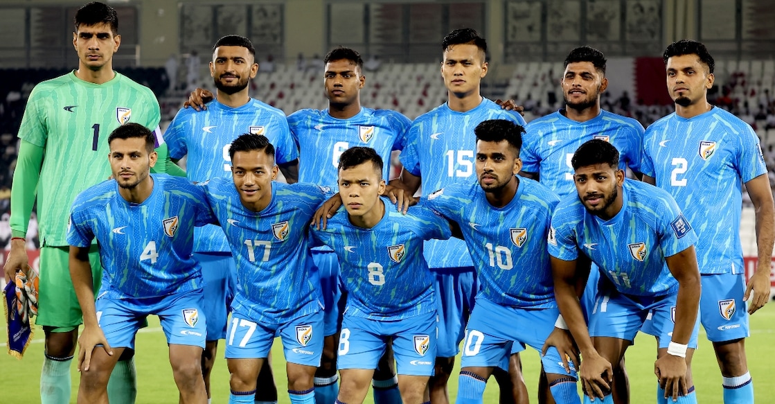 A file photo of the Indian team posing for a picture before the 2026 FIFA World Cup AFC qualifier against Qatar. Photo: AFP