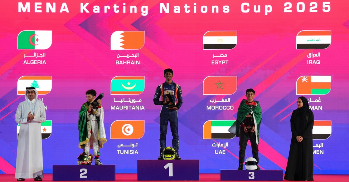 Nathan Kappen stands on the podium after winning in the Junior Max category of the MENA Karting Nations Cup in Doha. Photo: Special arrangement