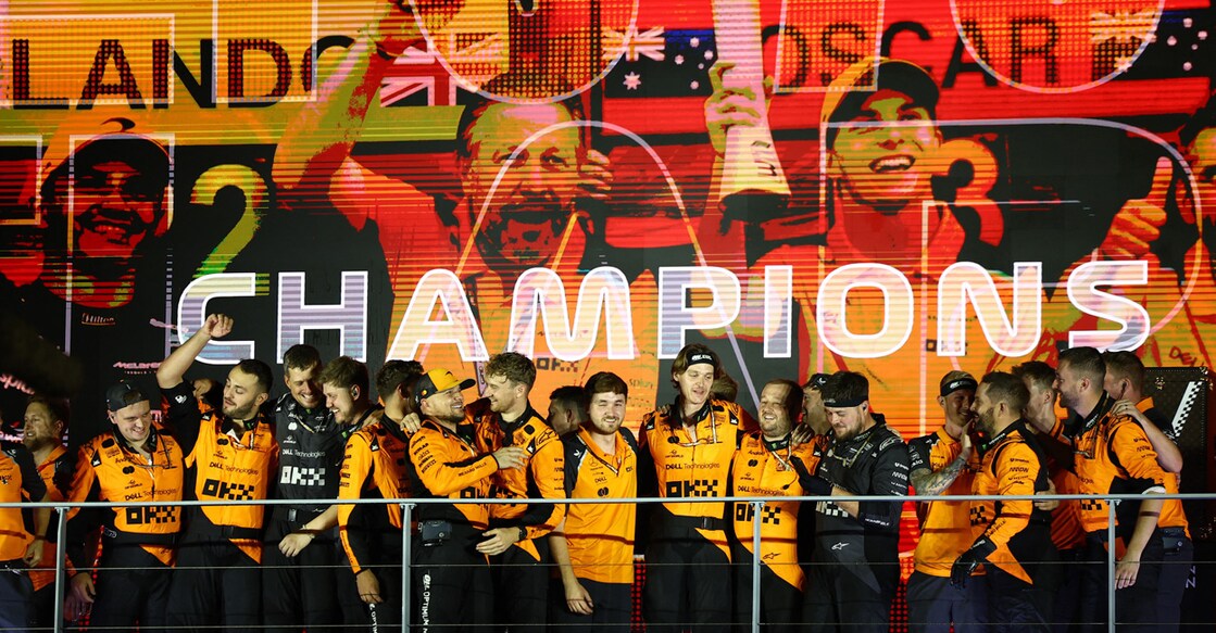 McLaren celebrate on the podium after winning the 2025 FIA Formula One World Championship for Constructors. Photo: Reuters/Edgar Su