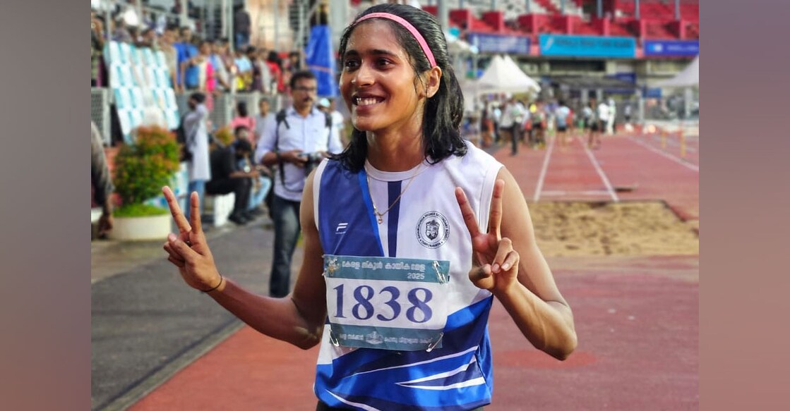 Adithya Aji poses after taking gold in Senior Girls 100 metre hurdles at the Kerala State School Athletics Championships at the Chandrasekharan Nair Stadium in Thiruvananthapuram on October 24, 2025. Photo: Special arrangement