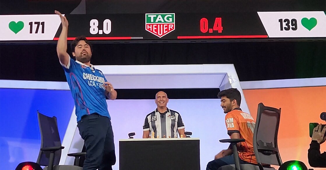 Hikaru Nakamura tosses D Gukesh’s (right) King after beating him in a Team USA vs Team India match in Texas. Photo: Screengrab