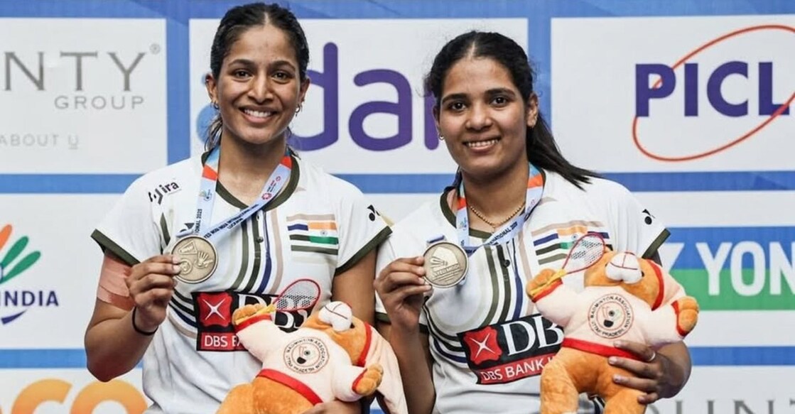 Gayatri Gopichand and Treesa Jolly pose with their medals after winning the women's doubles title of the Syed Modi International Super 300 event in Lucknow on November 30, 2025. Photo: Instagram/Treesa Jolly
