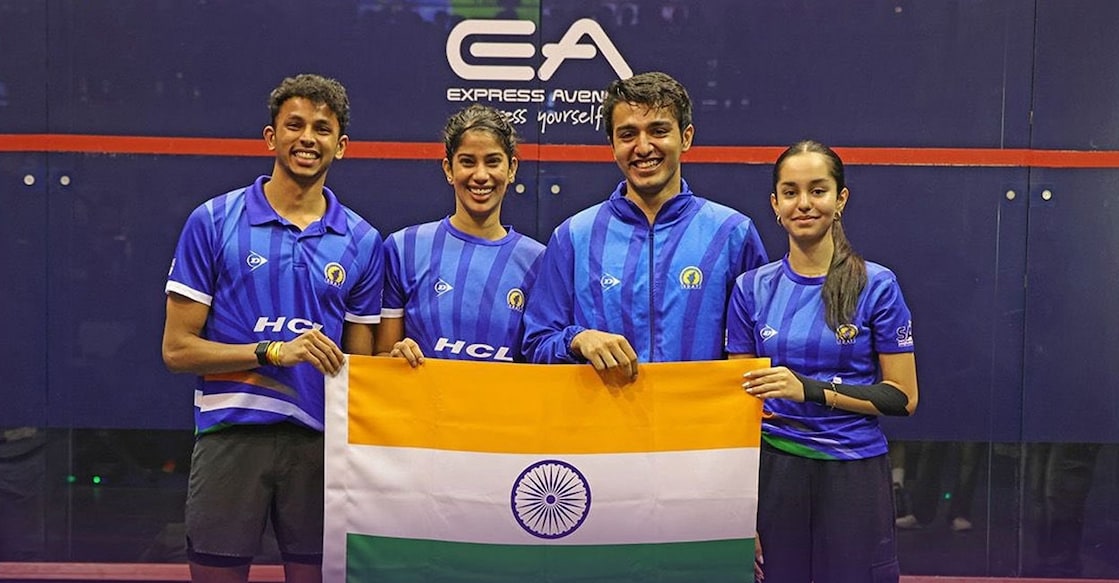 Velavan Senthilkumar, Joshna Chinappa, Abhay Singh, Anahat Singh. (From Left) Photo: World Squash/X 
