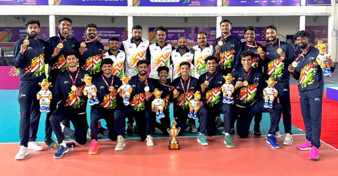 Calicut University men’s volleyball team pose after clinching gold in Khelo India University Games in Rajasthan. Photo: Special arrangement