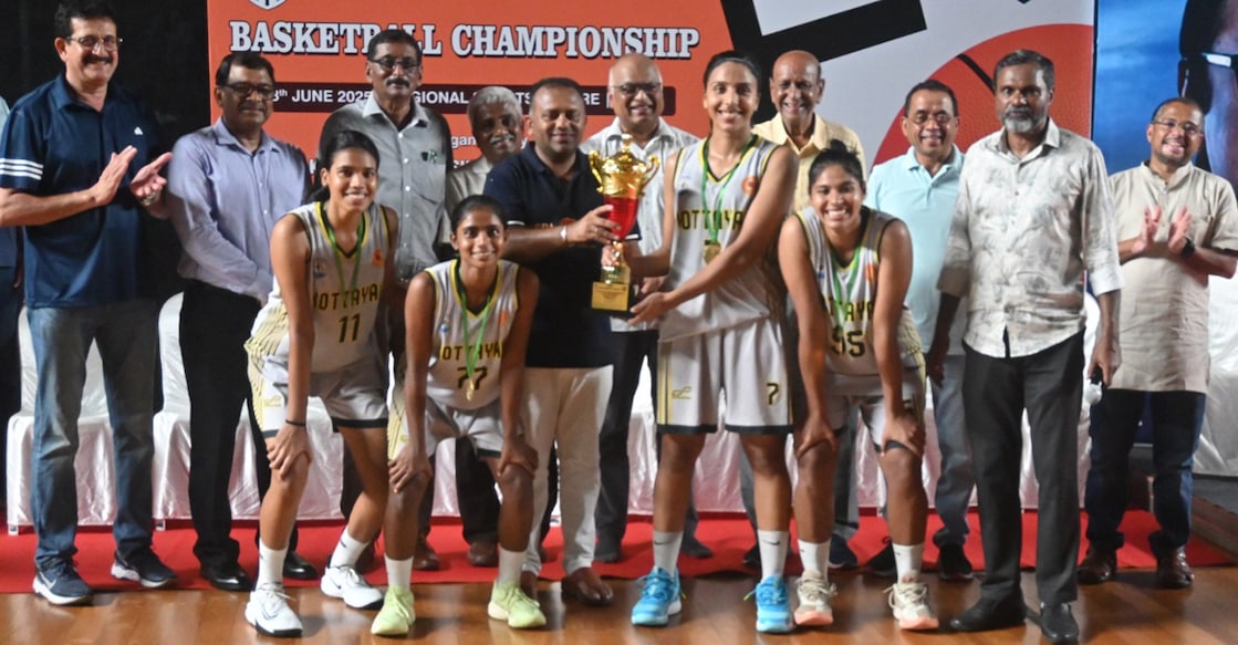 women-kerala-3-on-3-basketball-winners-2025 Kottayam women’s team receive their trophy. Photo: Special arrangement