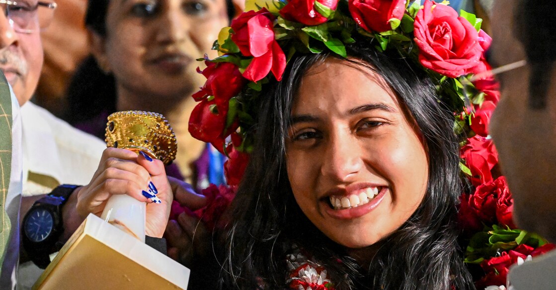 FIDE Women's World Cup 2025 champion Divya Deshmukh during a reception given at Nagpur airport on July 30, 2025. Photo: PTI