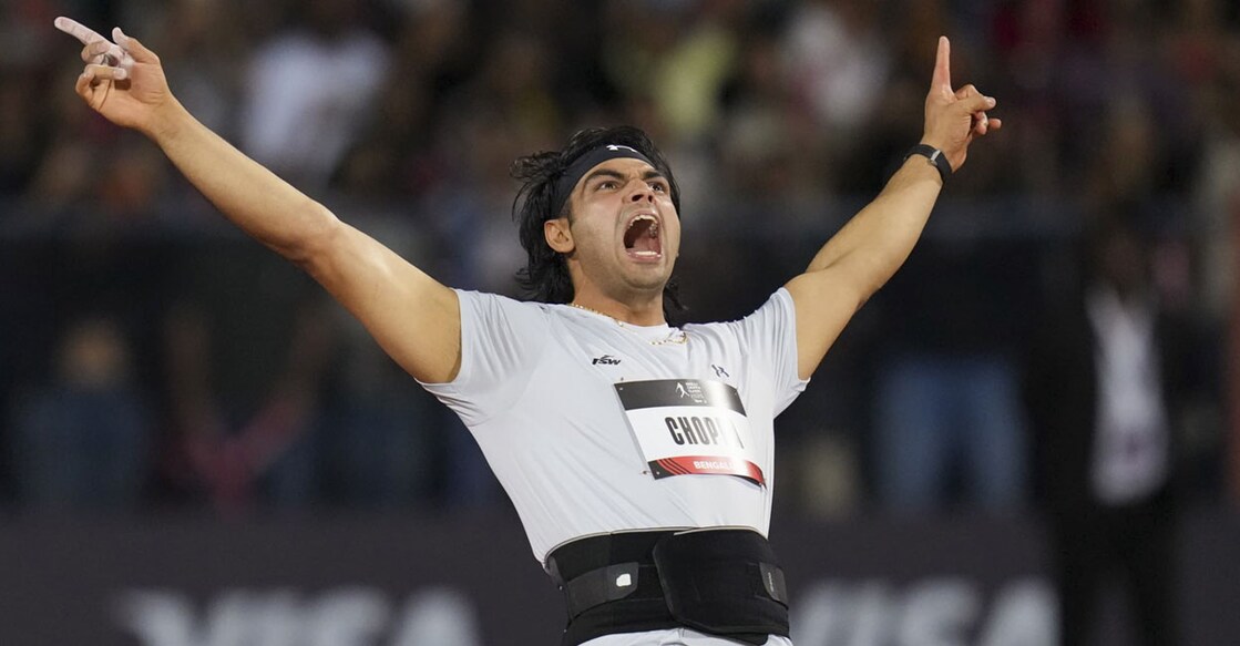 India's Neeraj Chopra celebrates as he competes in the Neeraj Chopra Classic 2025 international javelin competition in Bengaluru. Photo: PTI