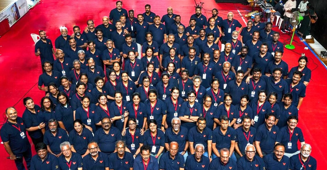 Participants of Team Rebound conclave pose for a group photo at the Rajiv Gandhi Indoor Stadium in Kochi on August 17, 2025. Photo: Special arrangement