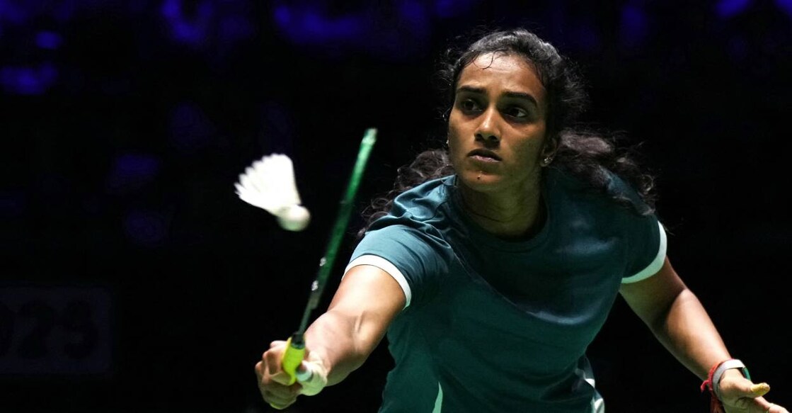 Sindhu plays at the single quarter final match in the Badminton BWF World Championships at the Adidas Arena in Paris. Photo: AFP