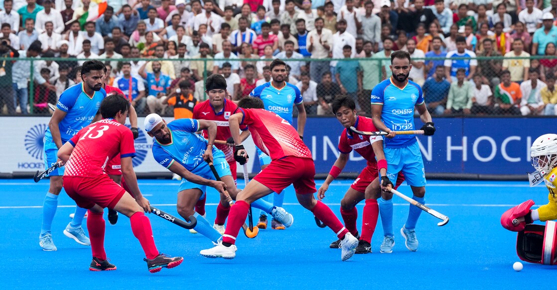 India's Mandeep Singh scores a goal during a Men's Hockey Asia Cup 2025 match against Japan in Rajgir, Bihar on August 31, 2025. Photo: PTI