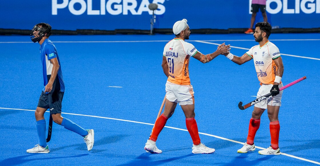 India's Jugraj Singh and Manpreet Singh during the Men's Hockey Asia Cup 2025 match against Kazakhstan in Rajgir, Bihar on September 1, 2025. Photo: PTI