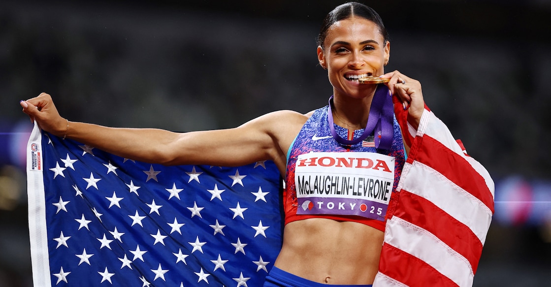 Sydney McLaughlin-Levrone of the US celebrates after winning the gold medal in women’s 400 m at the World Athletics Championships in Tokyo on September 18, 2025. Photo: Reuters/ Sarah Meyssonnier