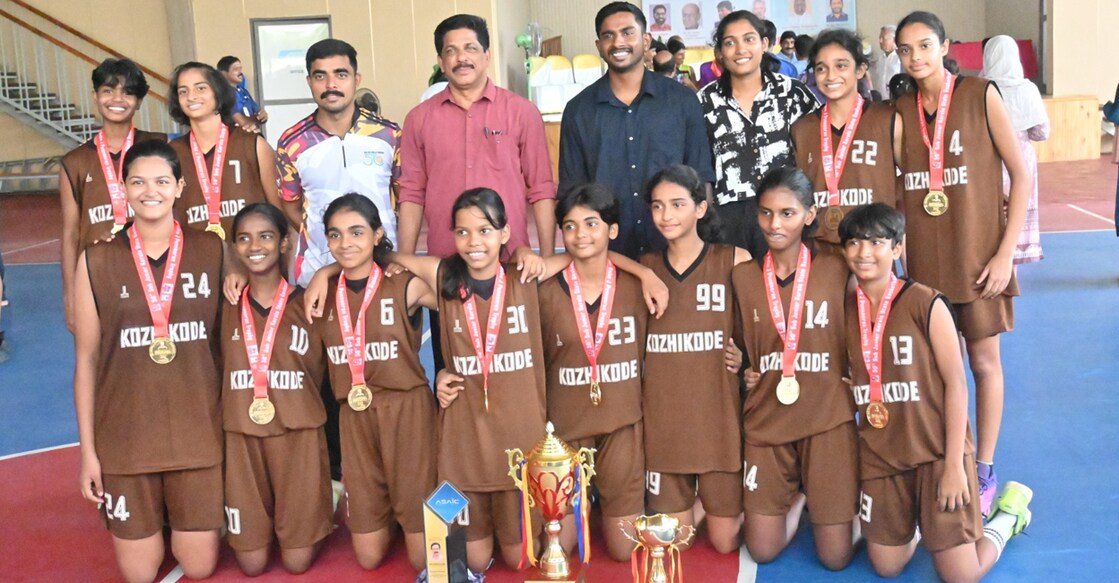 Kozhikode girls team pose after winning the Kerala state sub-junior basketbal title. Photo: Special arrangement