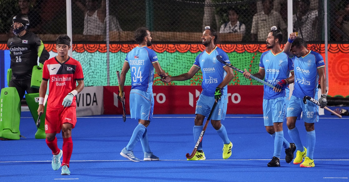 India's Hardik Singh celebrates with teammates after scoring a goal against Korea in the Men's Hockey Asia Cup 2025 Super4 match in Rajgir, Bihar on September 3, 2025. Photo: PTI