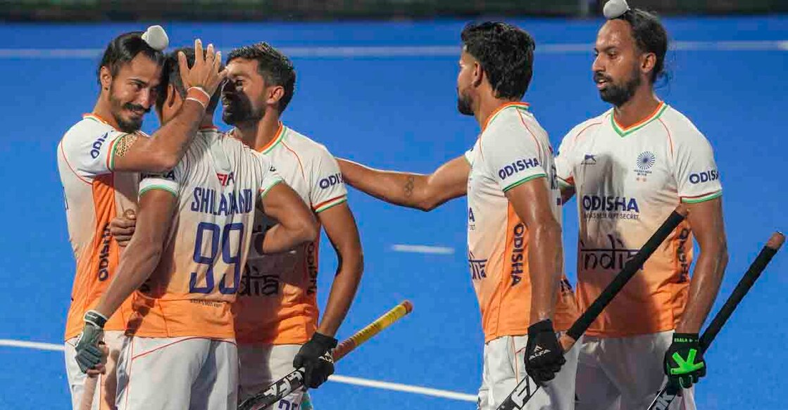 Rajgir: India’s Shilanand Lakra, 99, celebrates with teammates after scoring a goal during a Men's Hockey Asia Cup 2025 match between India and China, in Rajgir, Bihar, Saturday, Sept. 6, 2025. (PTI Photo/Swapan Mahapatra) (PTI09_06_2025_000297A)