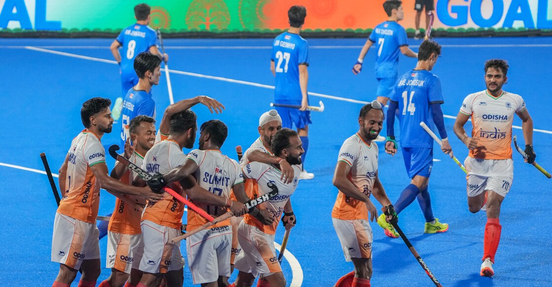 Indian players celebrate a goal against South Korea in the final of the men's Asia Cup hockey tournament at Rajgir in Bihar on September 7, 2025. Photo: PTI
