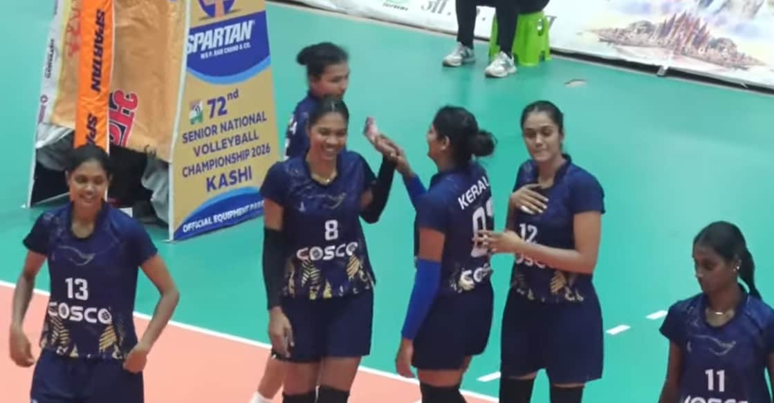 A screengrab of the Kerala women's volleyball players during the match against Haryana. Photo: Screengrab/Freedom Global Sports Network