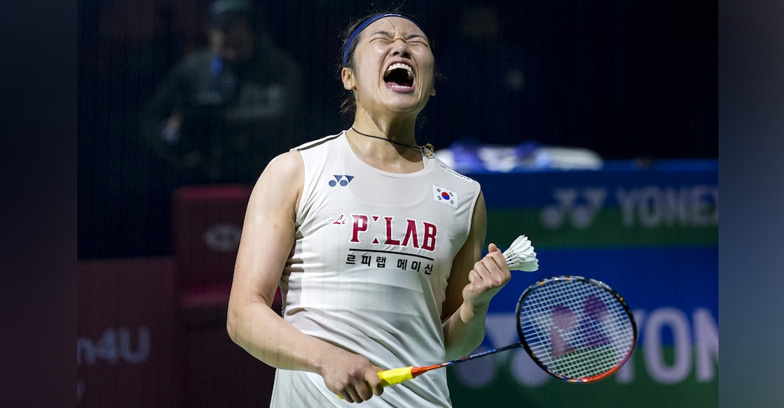 An Se Young celebrates victory after winning the final of the India Open. Photo: PTI