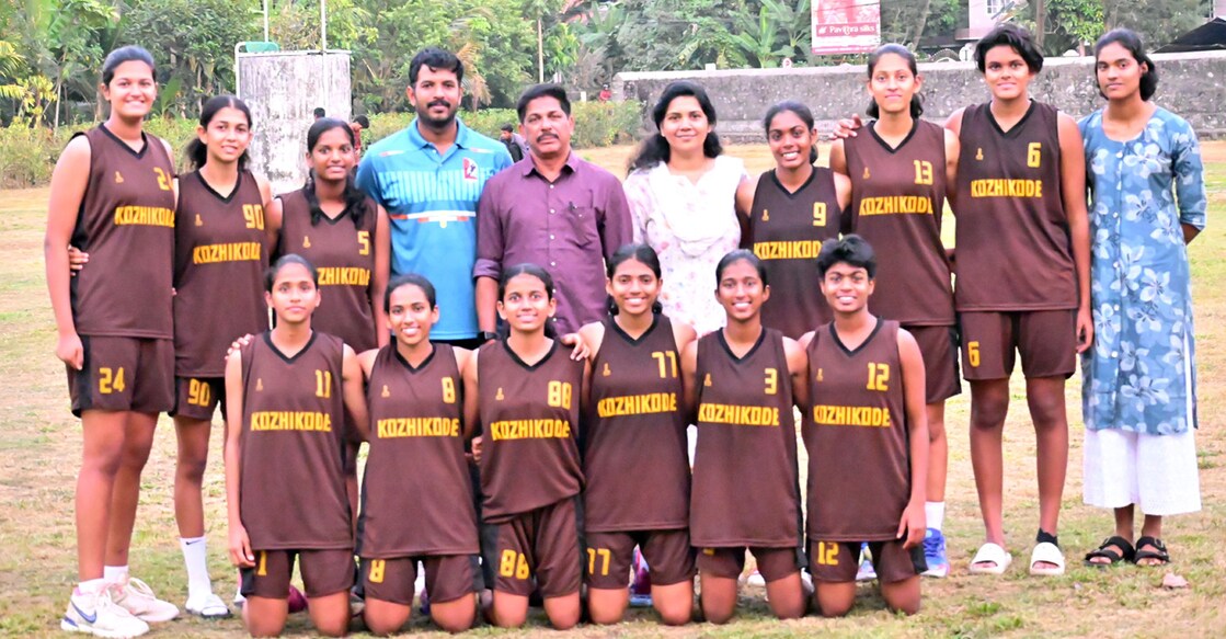 Kozhikode women’s team pose during the 50th Kerala State Junior Basketball Championship in Pala on January 27, 2026. Photo: Special arrangement